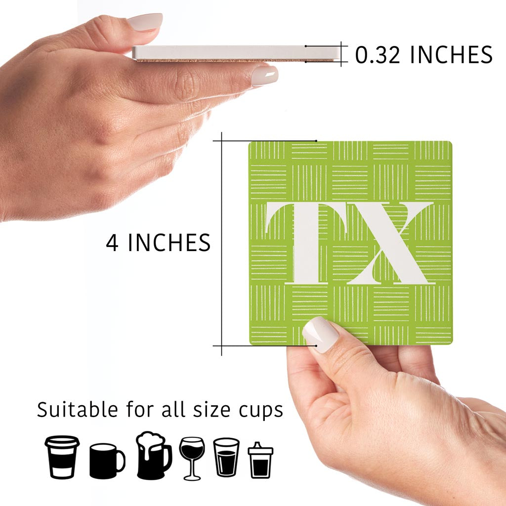 Bright Modern Abbreviated On Green Texas | Absorbent Coasters | Set of 4 | Min 2