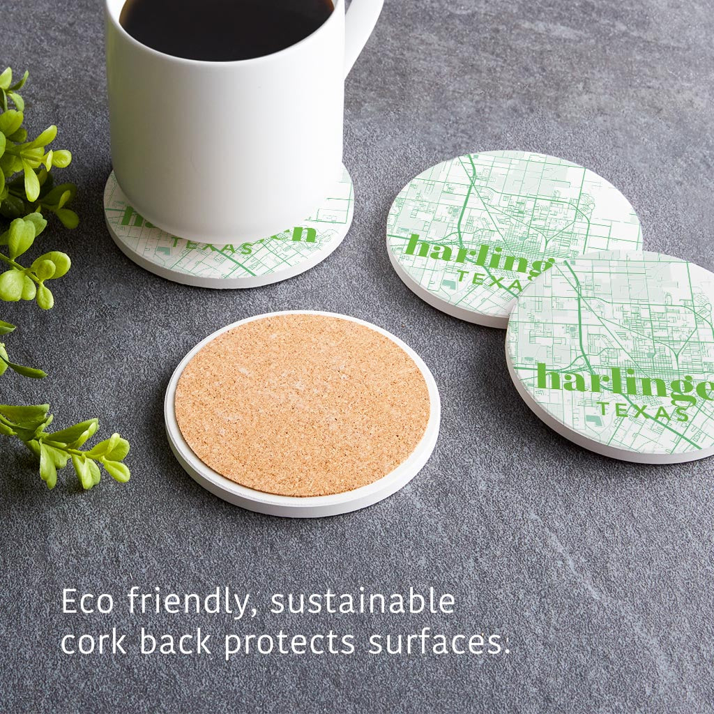 Bright Modern Green Map Texas Harlingen | Absorbent Coasters | Set of 4 | Min 2