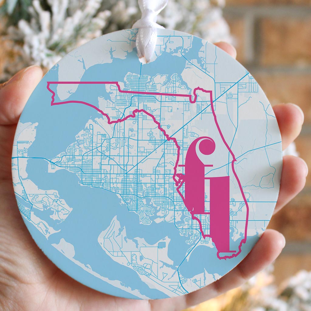 Bright Modern Abbreviated State Map Blue Florida Panama| Wood Ornament | Eaches | Min 6