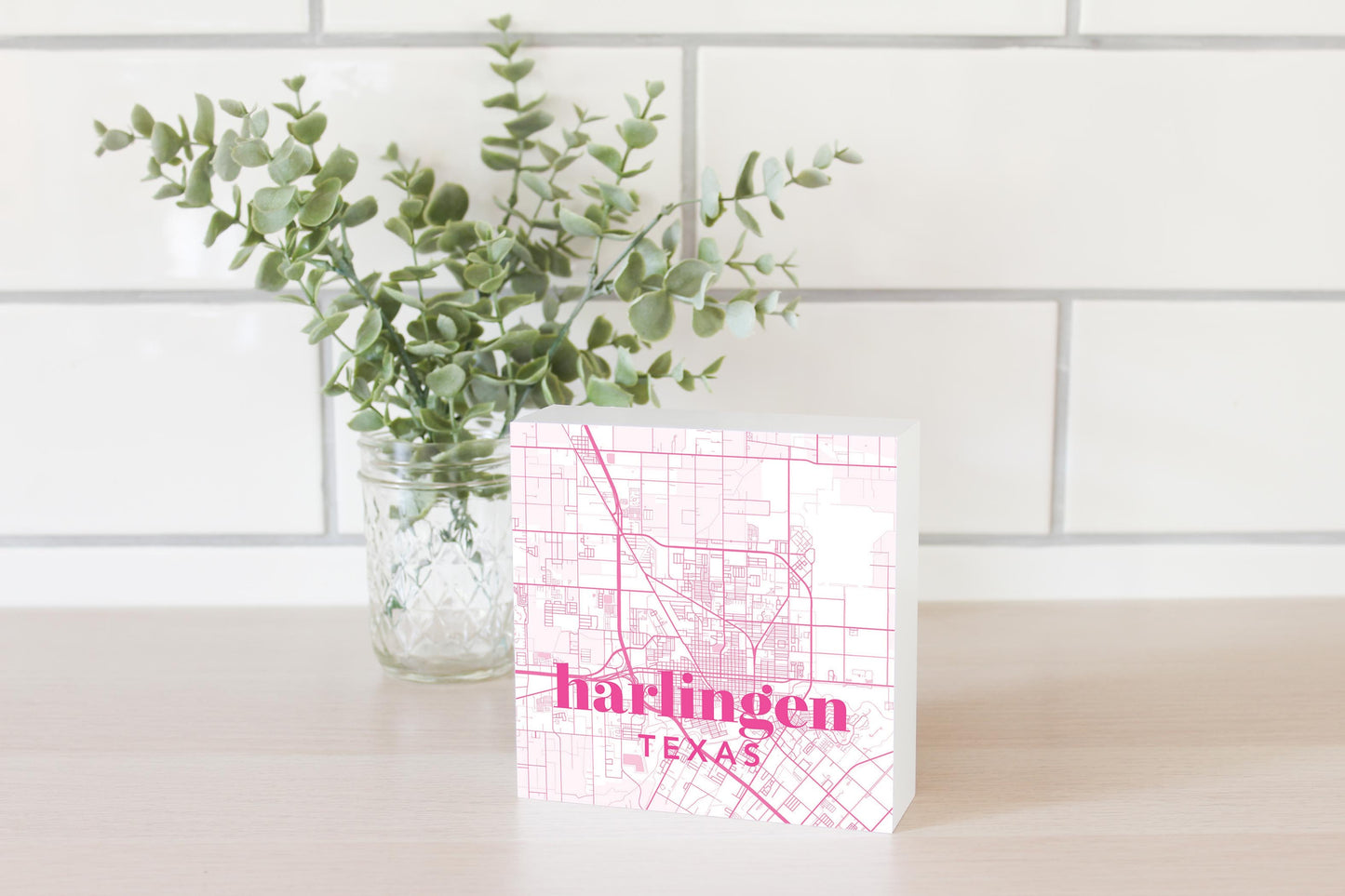 Bright Modern Pink Map Texas Harlingen | Wood Block | Eaches | Min 4