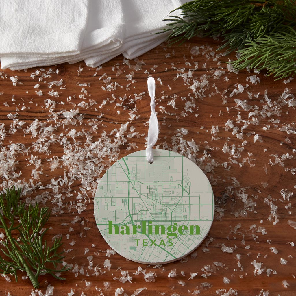 Bright Modern Green Map Texas Harlingen| Wood Ornament | Eaches | Min 6