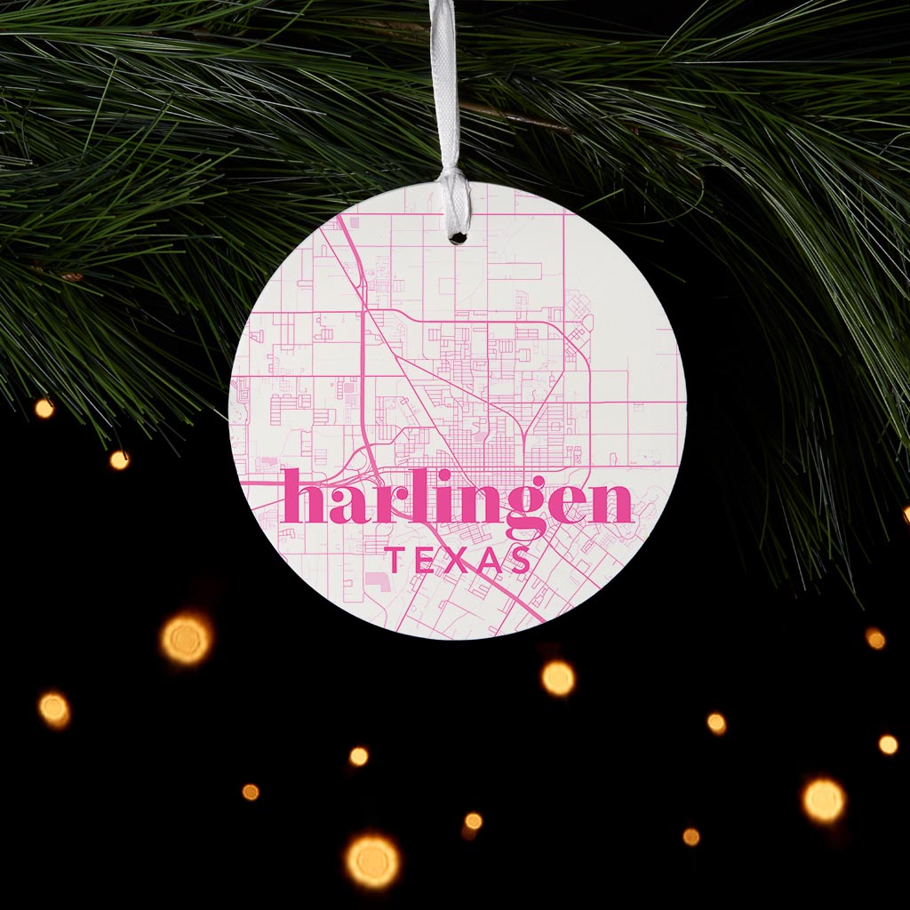 Bright Modern Pink Map Texas Harlingen| Wood Ornament | Eaches | Min 6