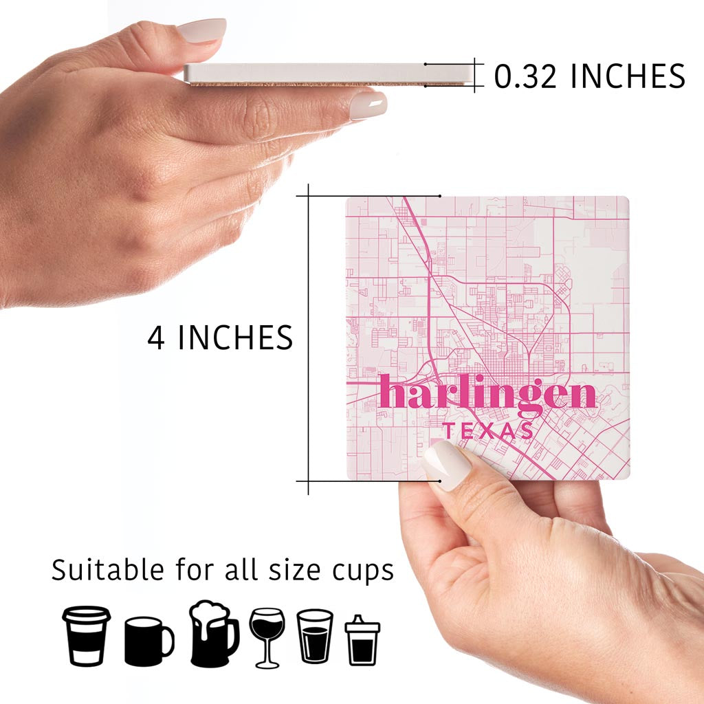 Bright Modern Pink Map Texas Harlingen | Absorbent Coasters | Set of 4 | Min 2