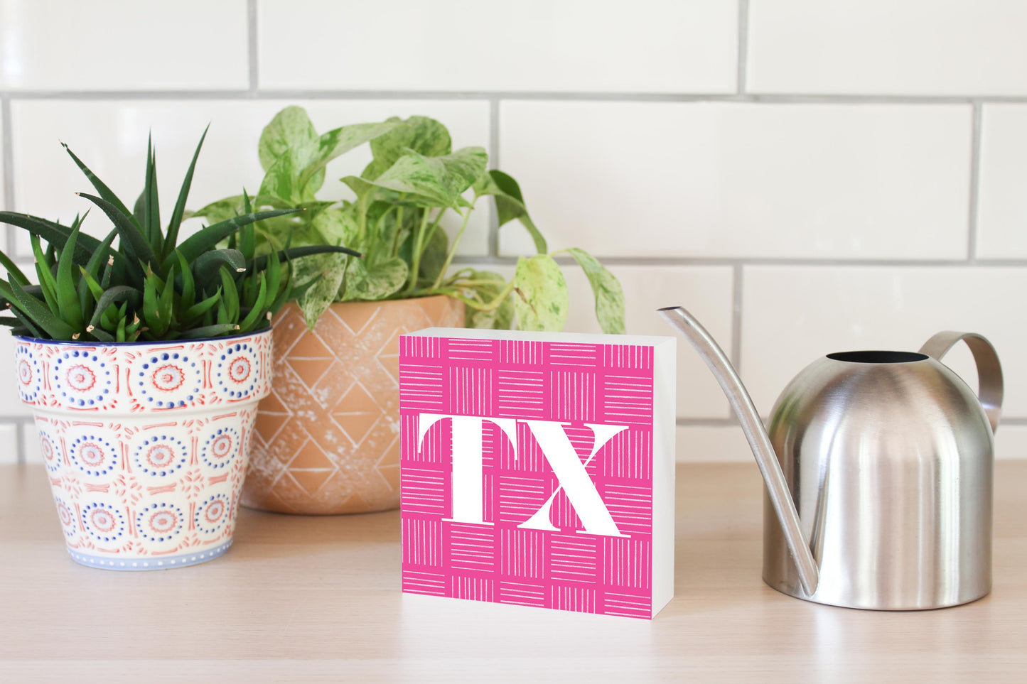 Bright Modern Abbreviated On Pink Texas | Wood Block | Eaches | Min 4