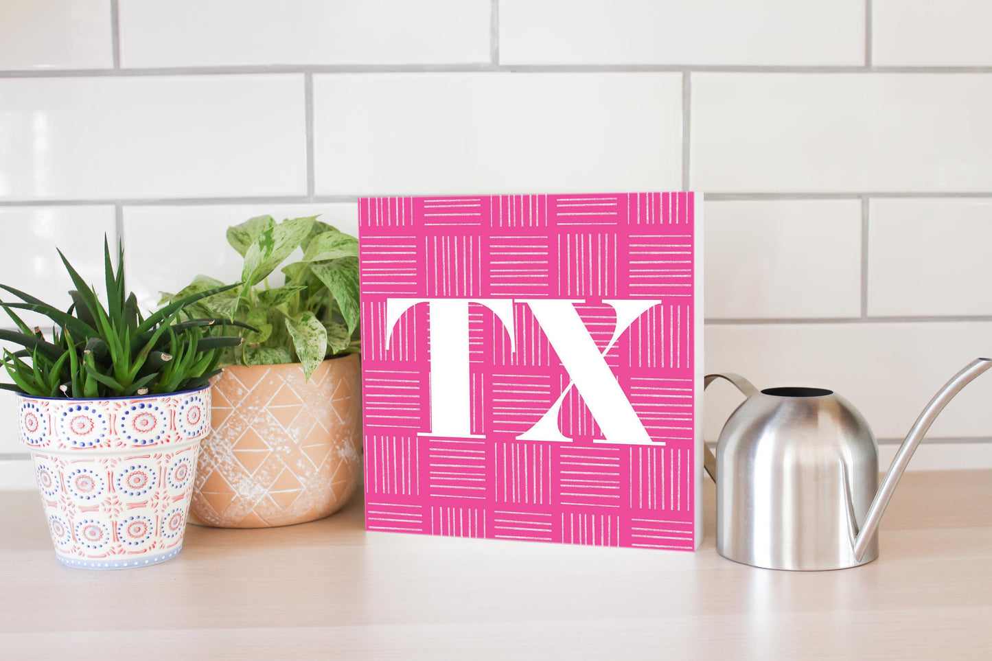 Bright Modern Abbreviated On Pink Texas | Wood Block | Eaches | Min 2