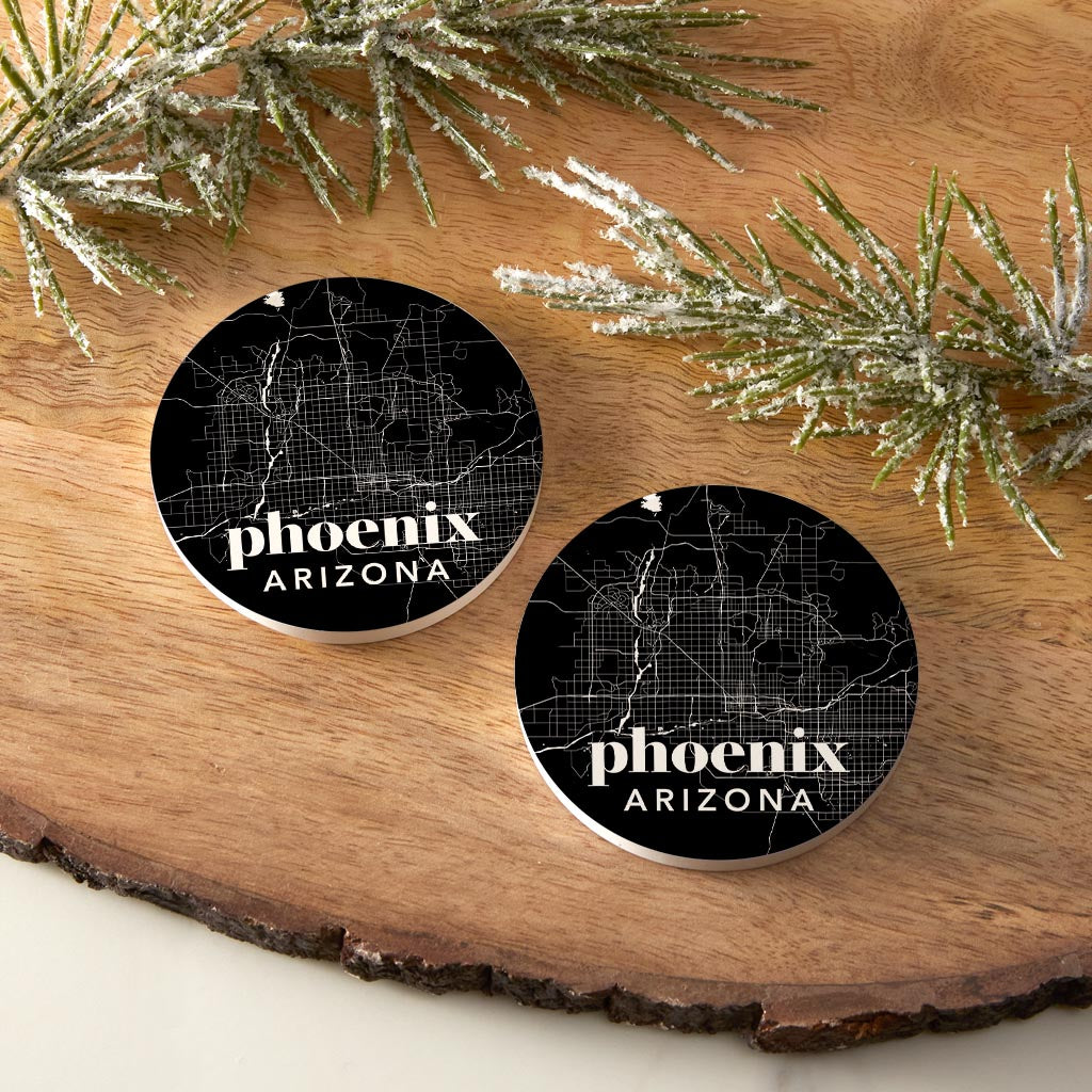 Black And White Black Map Arizona Phoenix | Absorbent Car Coasters | Set of 2 | Min 4