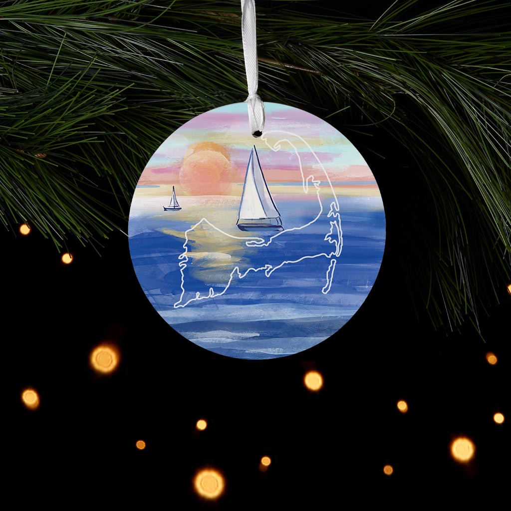 Watercolor Sunset With Sailboats | Wood Ornament | Eaches | Min 6