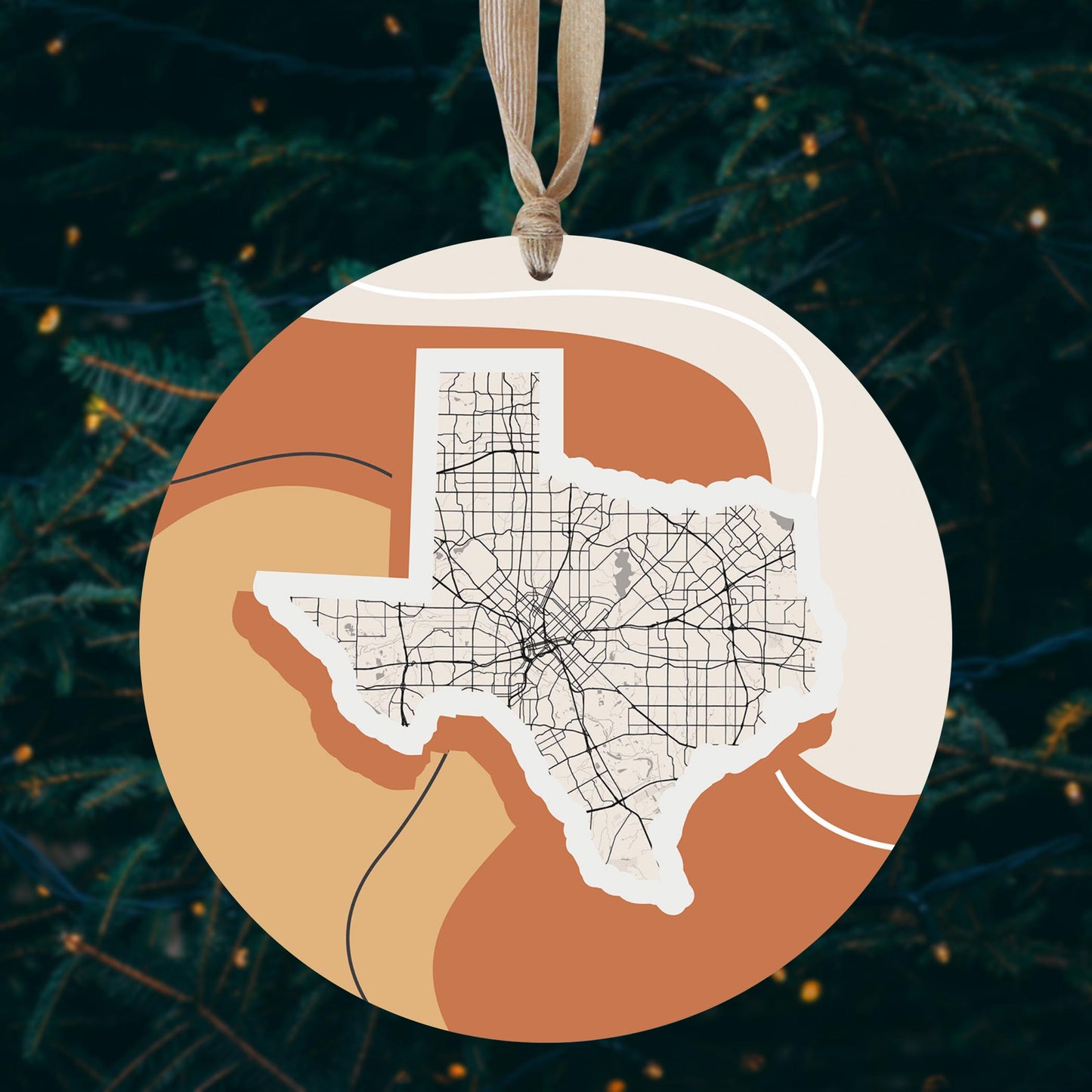 Vintage Groove Fluid Orange Map Texas Dallas | Wood Ornament | Eaches | Min 1