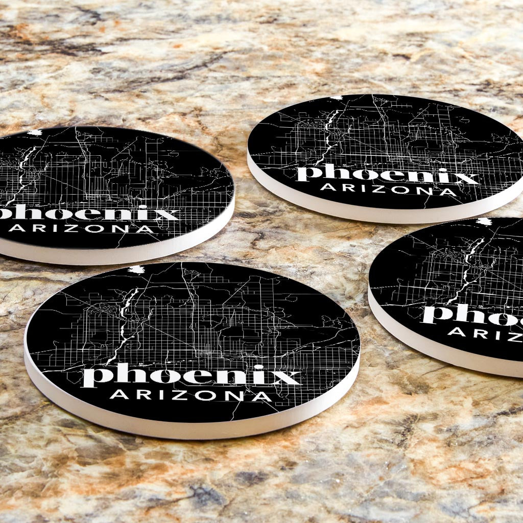 Black And White Black Map Arizona Phoenix | Absorbent Coasters | Set of 4 | Min 2