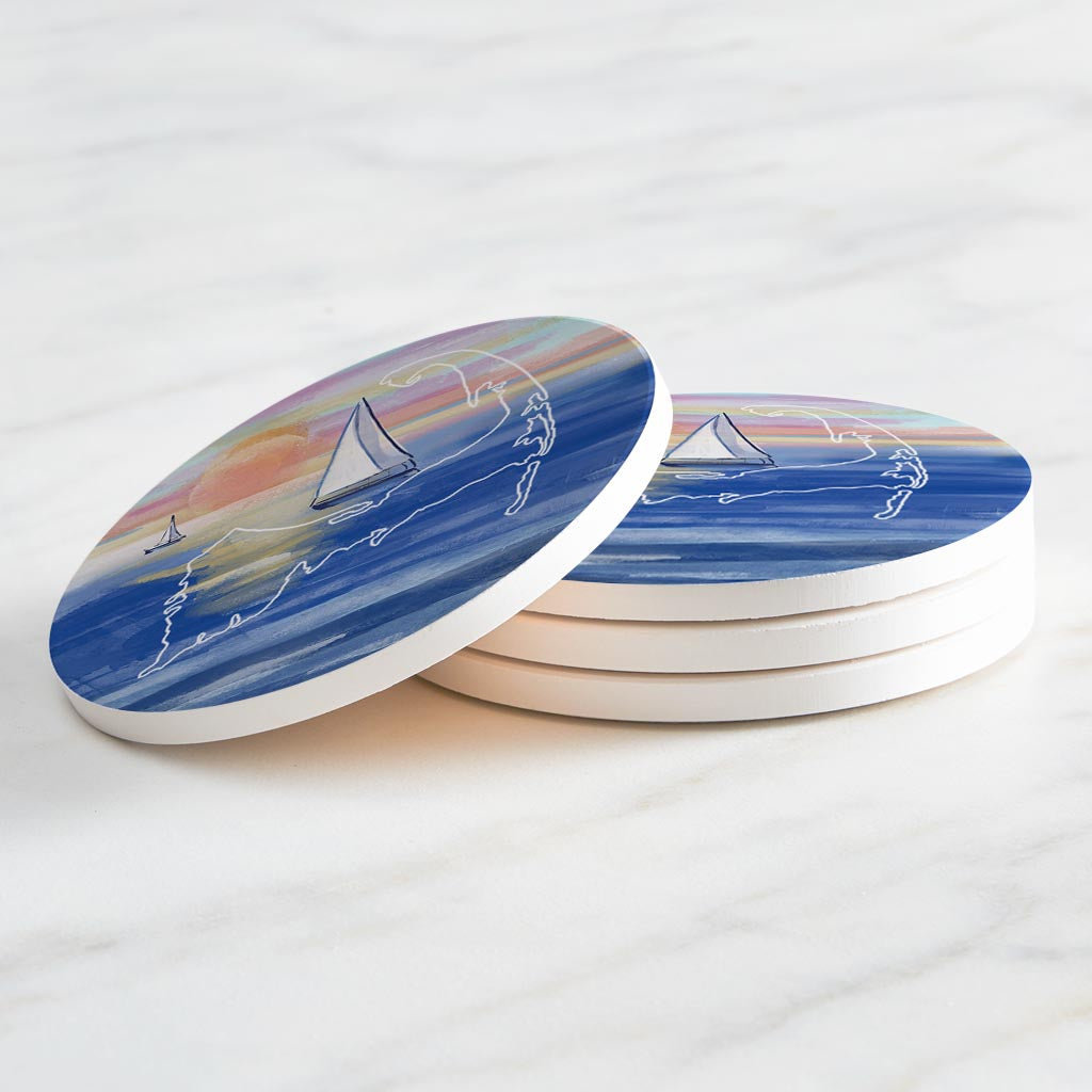 Watercolor Sunset With Sailboats | Absorbent Coasters | Set of 4 | Min 2