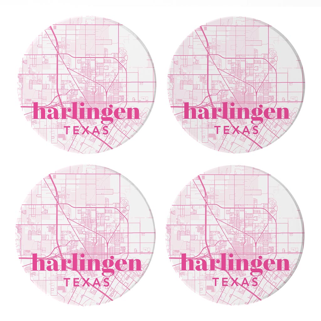 Bright Modern Pink Map Texas Harlingen | Absorbent Coasters | Set of 4 | Min 2