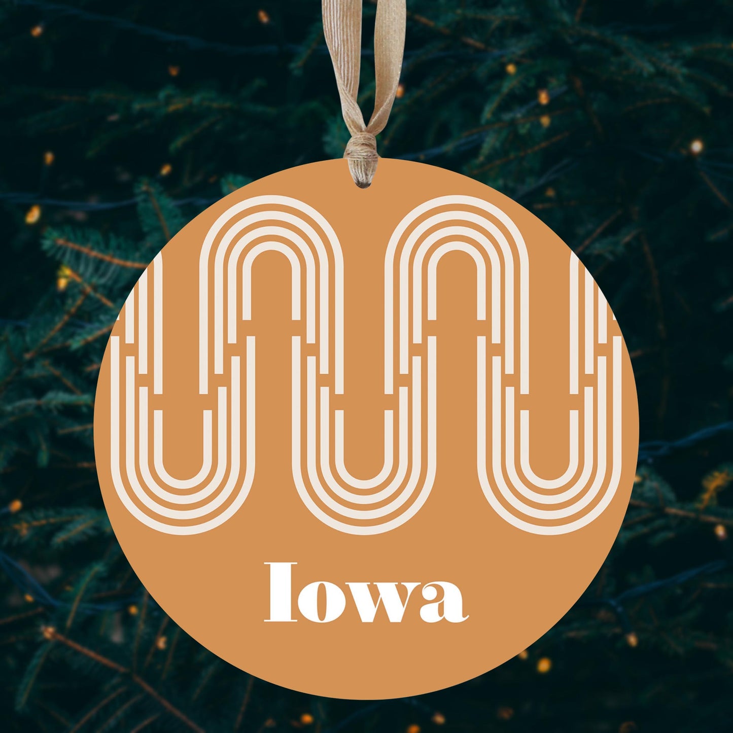 Vintage Groove Yellow Wave Lines Iowa | Wood Ornament | Eaches | Min 1