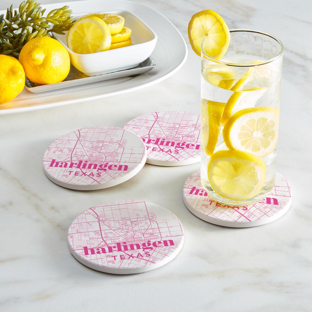 Bright Modern Pink Map Texas Harlingen | Absorbent Coasters | Set of 4 | Min 2