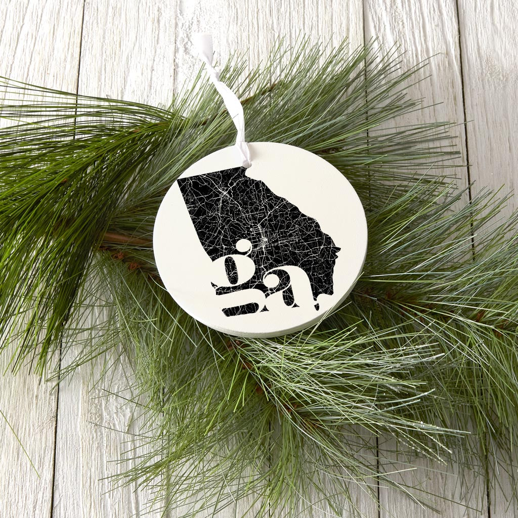 Black And White Abbreviated State Map White Georgia| Wood Ornament | Eaches | Min 6