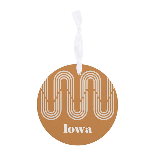 Vintage Groove Yellow Wave Lines Iowa | Wood Ornament | Eaches | Min 6