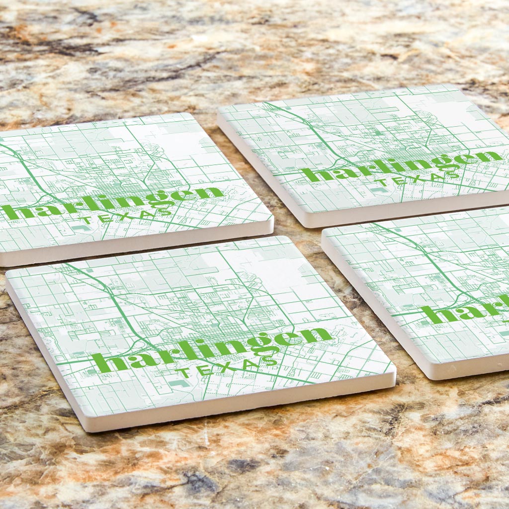 Bright Modern Green Map Texas Harlingen | Absorbent Coasters | Set of 4 | Min 2