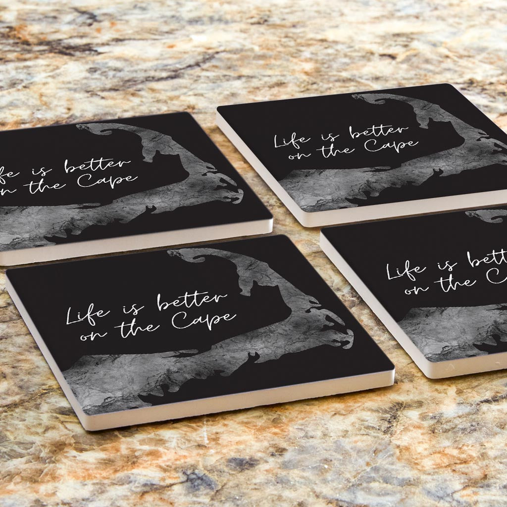 Minimalistic B&W Cape Cod Life Is Better | Absorbent Coasters | Set of 4 | Min 2