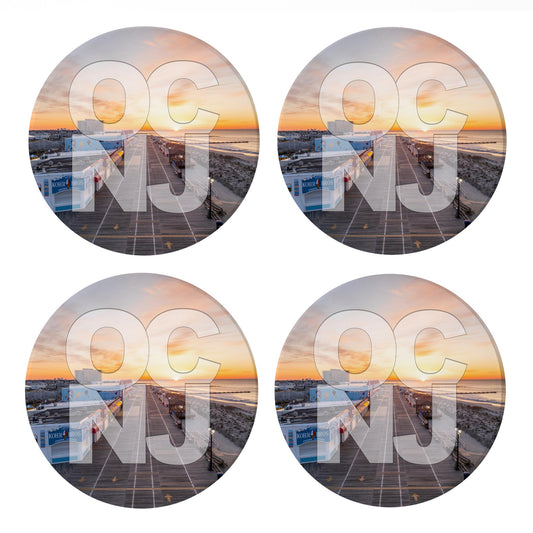 Ceramic Round Coaster 4-Set-OCNJ Boardwalk Sunrise