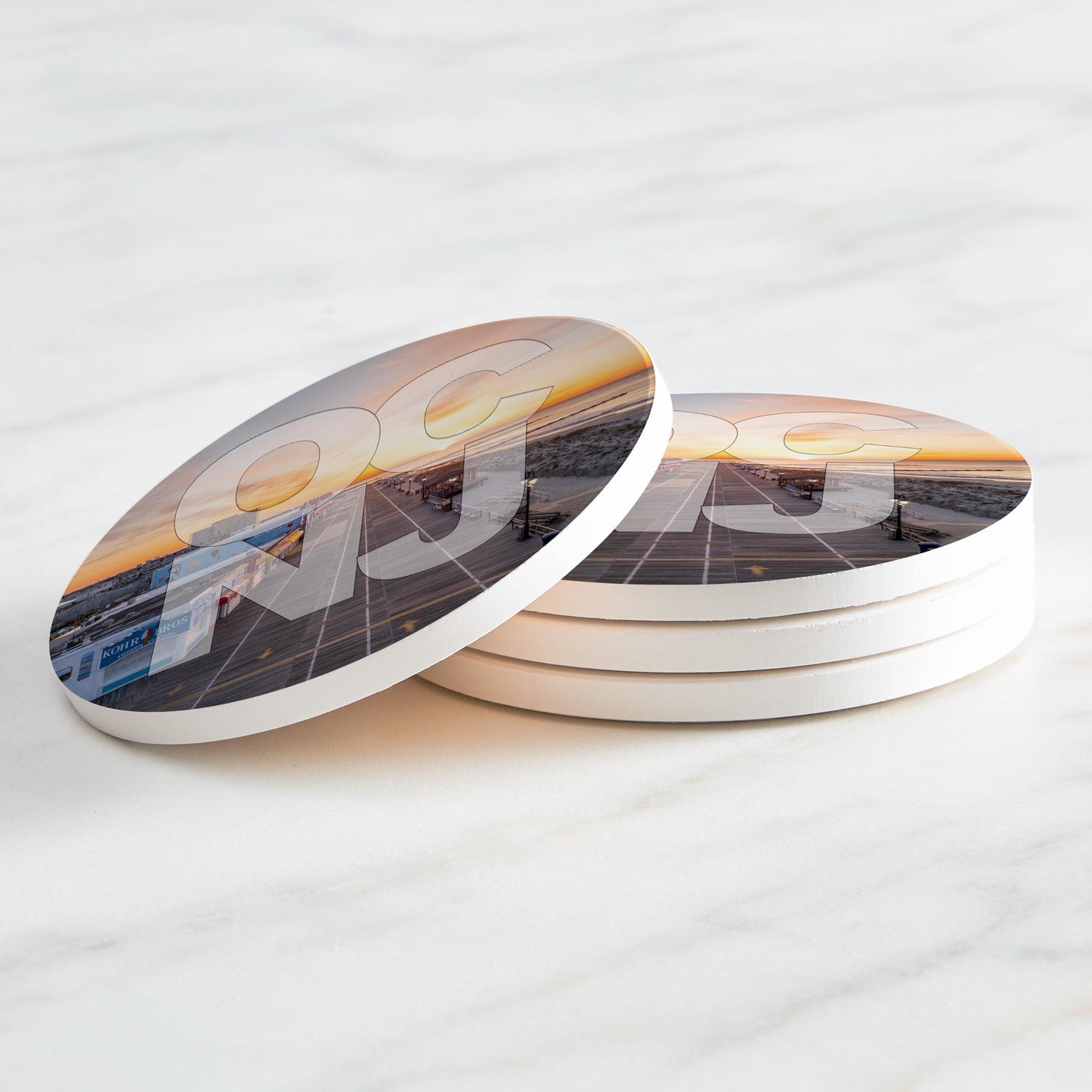 Ceramic Round Coaster 4-Set-OCNJ Boardwalk Sunrise