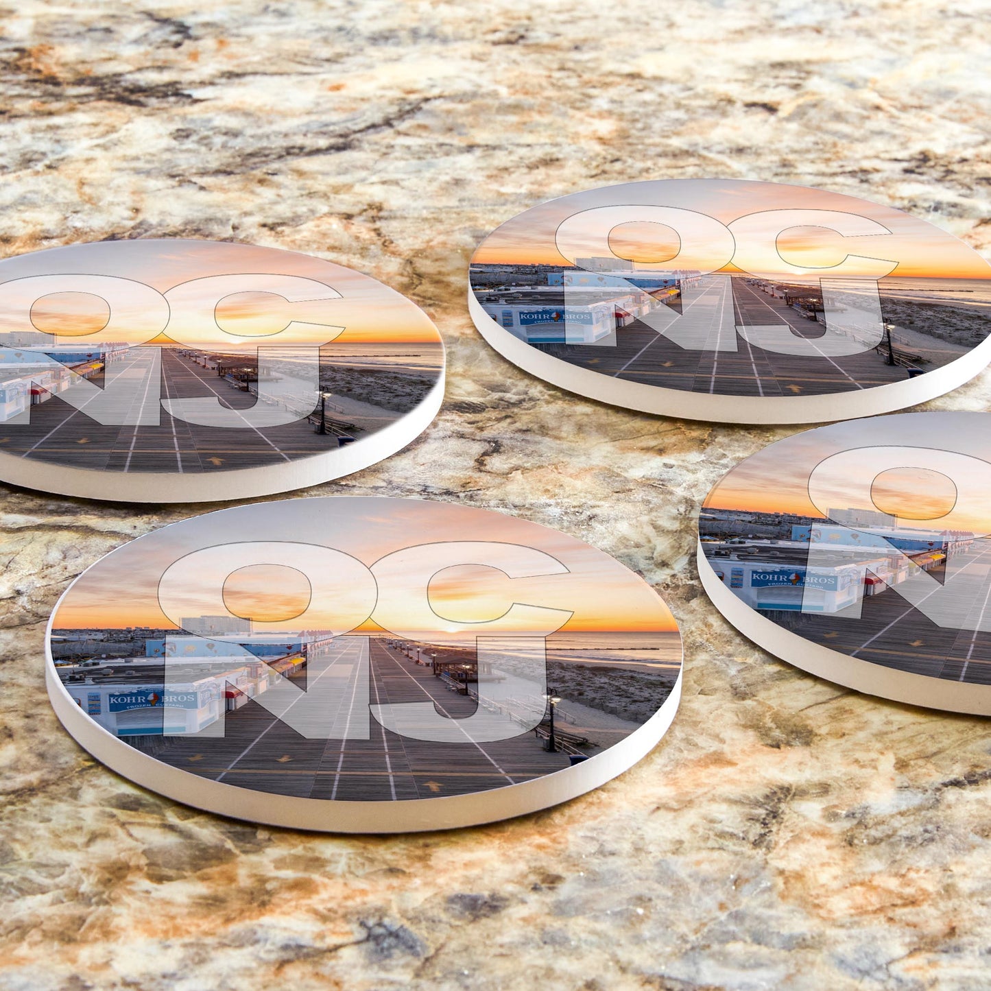 Ceramic Round Coaster 4-Set-OCNJ Boardwalk Sunrise