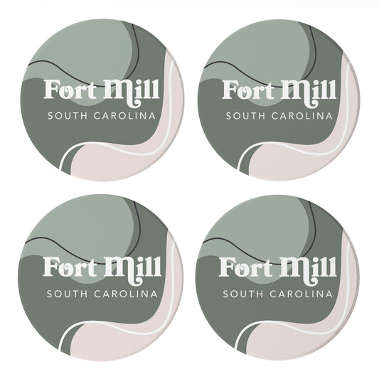 Ceramic Round Coaster 4-Set-Vintage Groove Fluid Green Fort Mill South Carolina