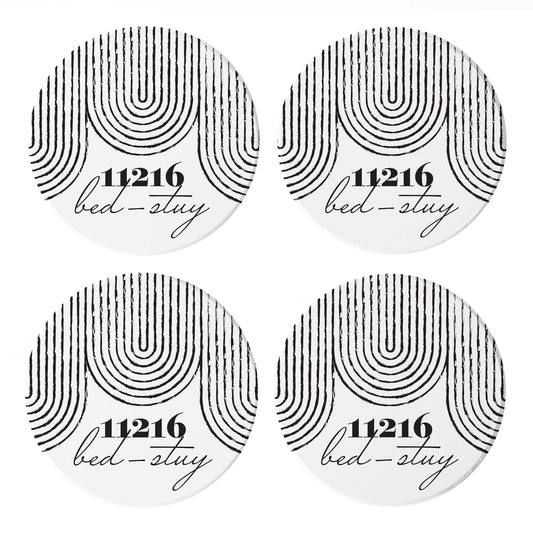 Ceramic Round Coaster 4-Set-Black and White City Zip on White Bed-Stuy 11216