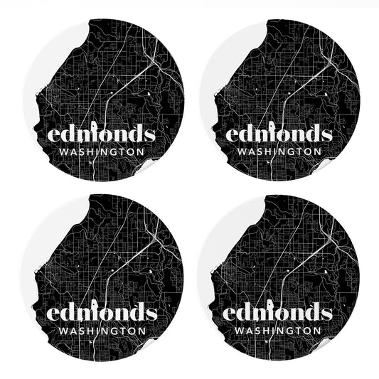 Ceramic Round Coaster 4-Set-Minimalistic Dark Map Edmonds Washington