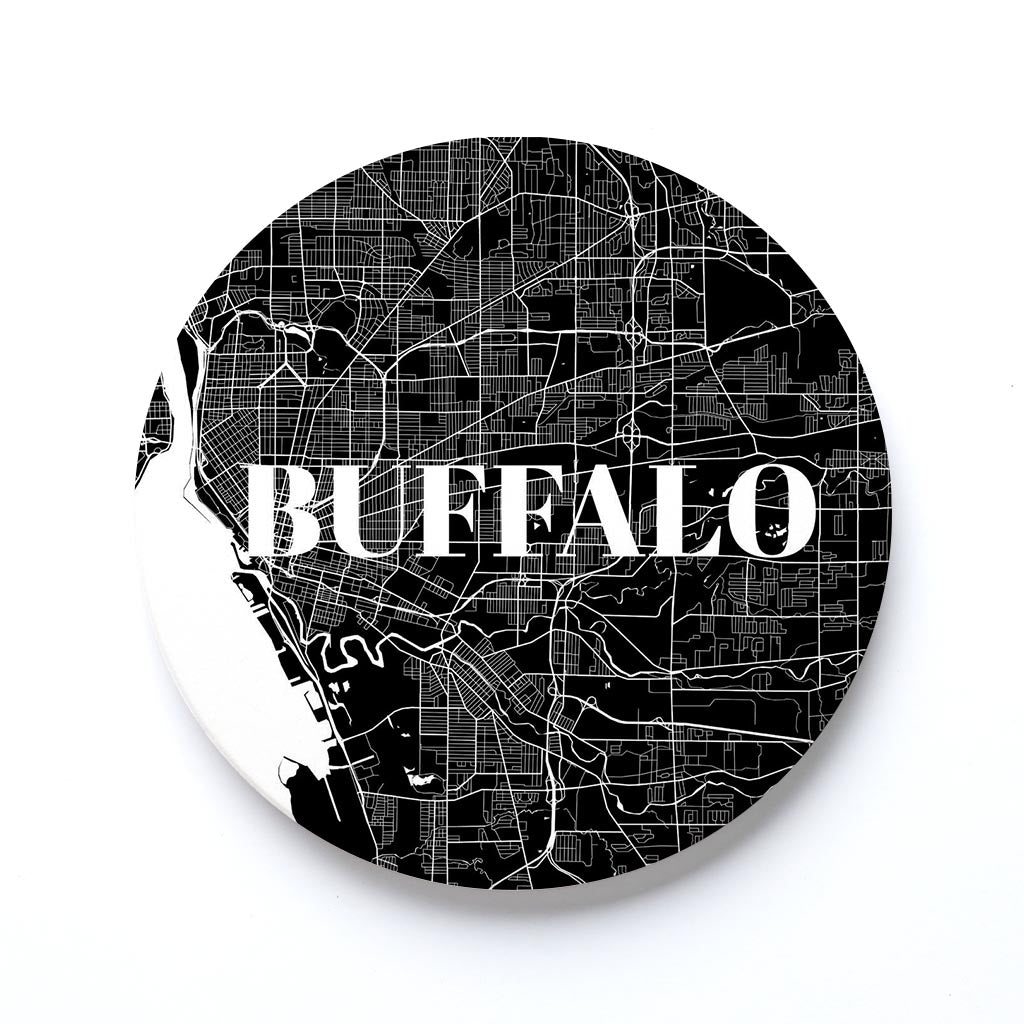 Ceramic Round Coaster-Minimalistic B&W Map Buffalo New York -0