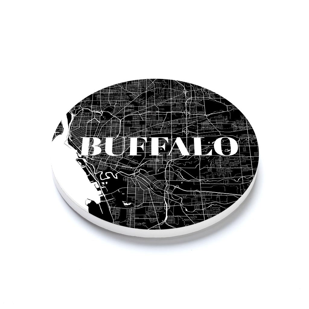 Ceramic Round Coaster-Minimalistic B&W Map Buffalo New York -1