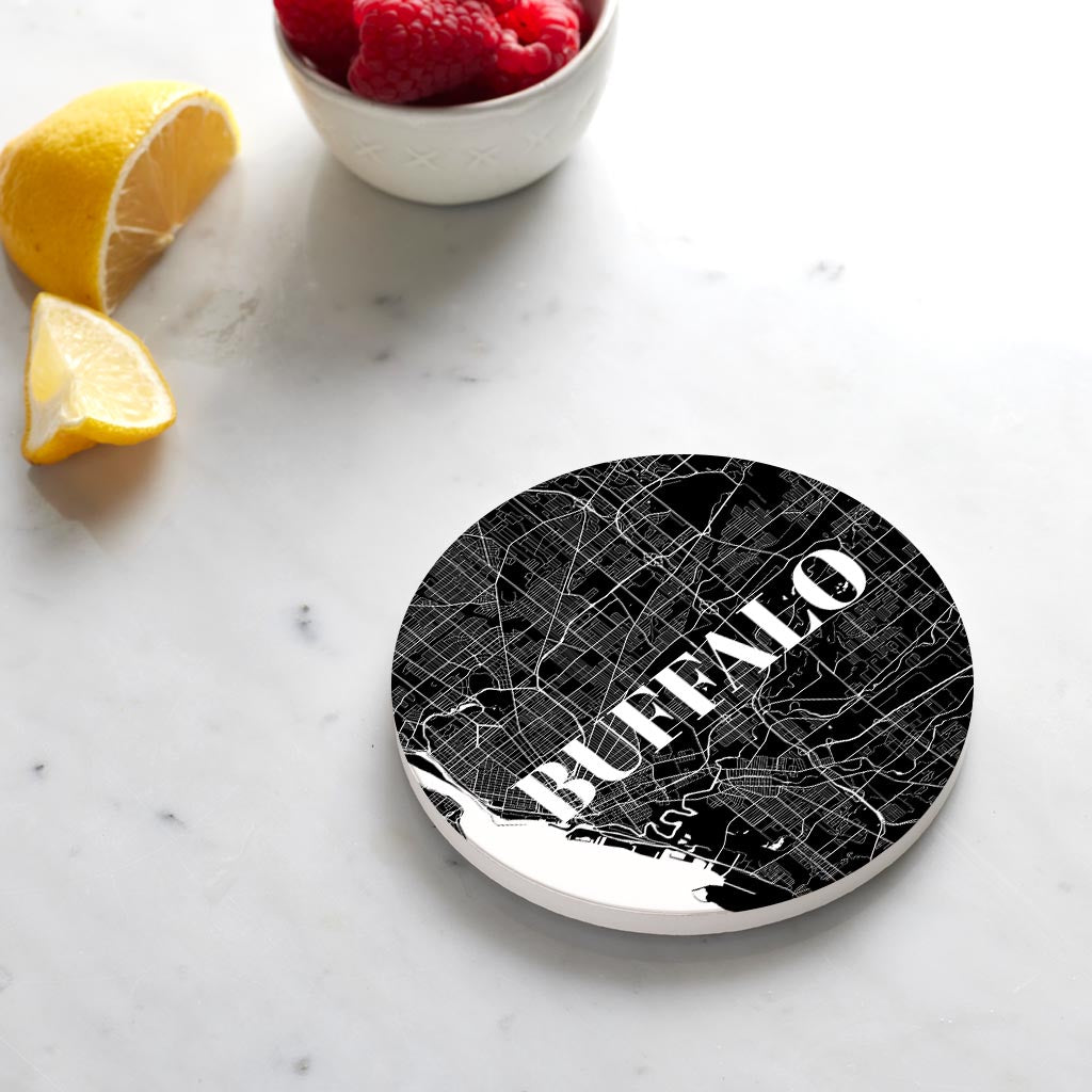 Ceramic Round Coaster-Minimalistic B&W Map Buffalo New York -3