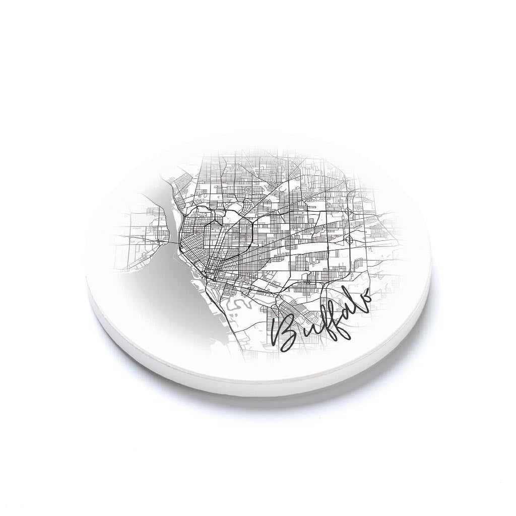 Ceramic Round Coaster-Minimalistic Faded Map Buffalo New York -1