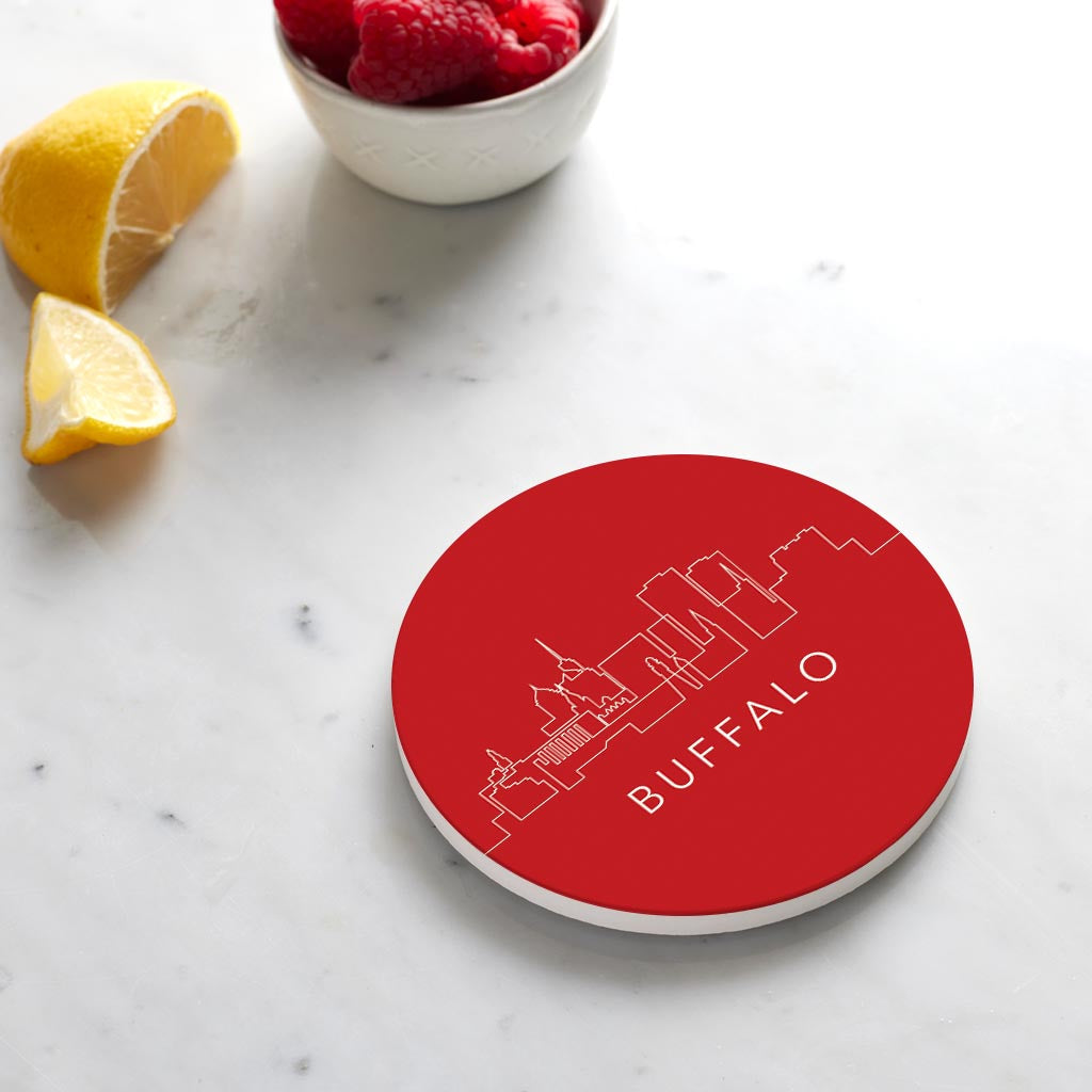 Ceramic Round Coaster-Red Buffalo NY Skyline -3