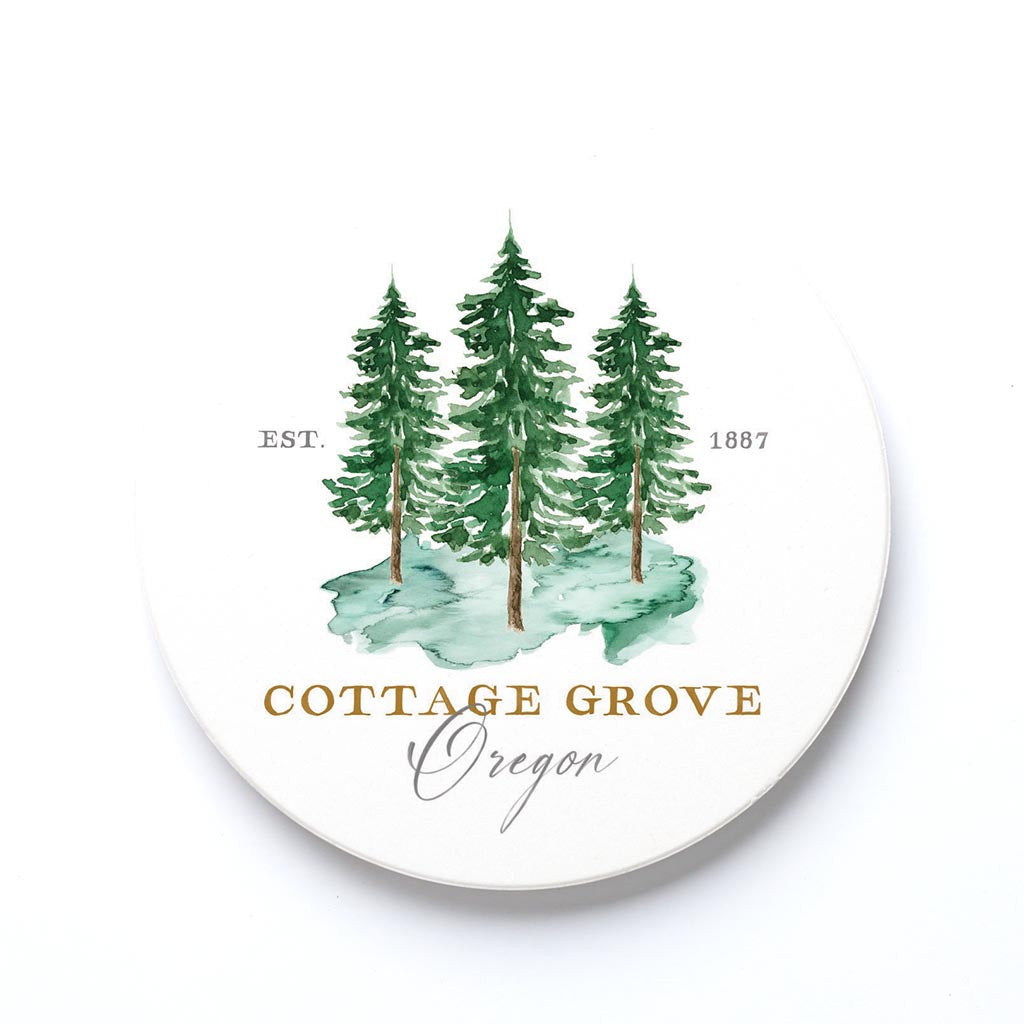 Ceramic Round Coaster-Tree Trio Cottage Grove Oregon -0