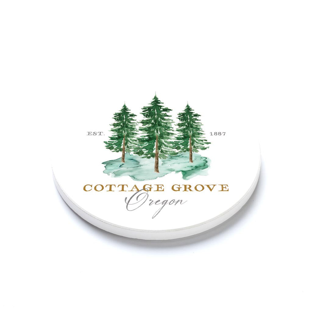 Ceramic Round Coaster-Tree Trio Cottage Grove Oregon -1