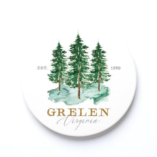 Ceramic Round Coaster-Watercolor Tree Trio Grelen Virginia