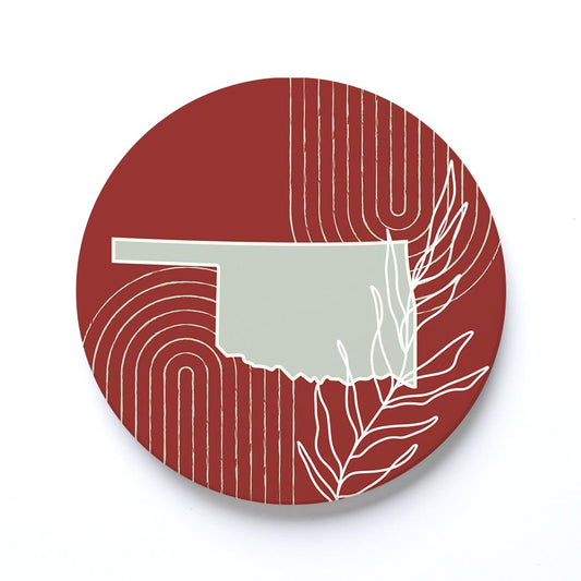 Ceramic Round Coaster-Modern Minimalist Oklahoma State Shape with Leaf