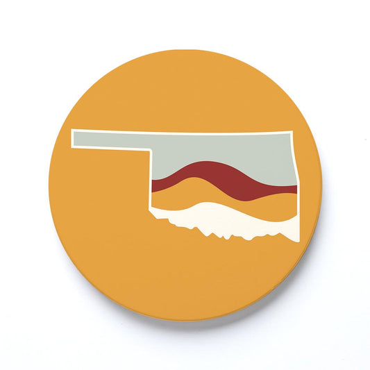 Ceramic Round Coaster-Modern Minimalist Oklahoma Orange Retro State Shape with Hills