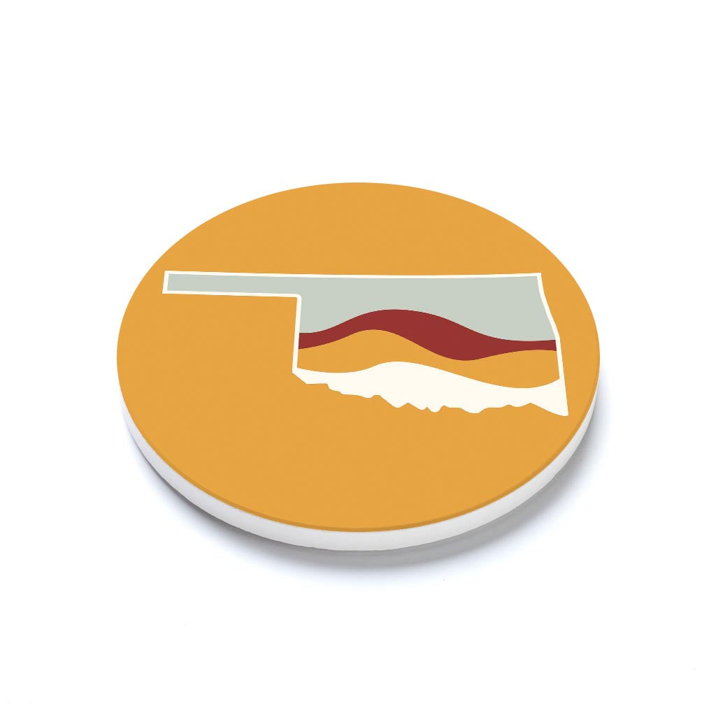 Ceramic Round Coaster-Modern Minimalist Oklahoma Orange Retro State Shape with Hills