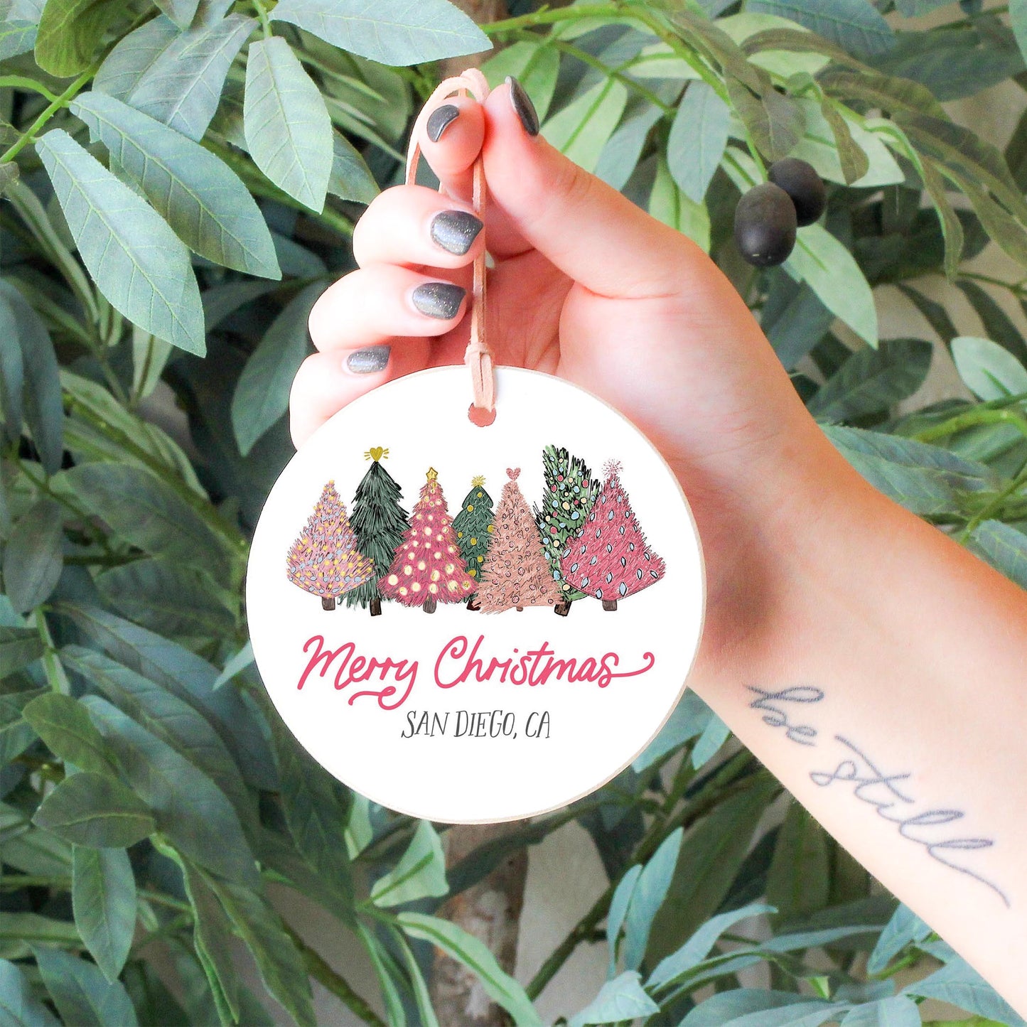 4" Round Ornament-Pink Trees San Diego California