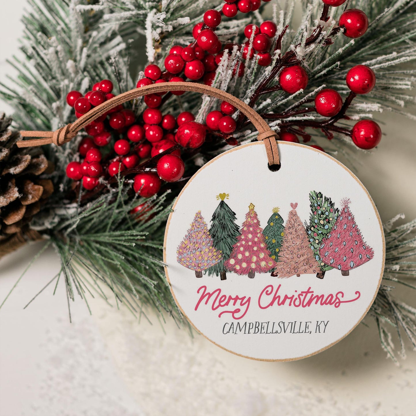 4" Round Ornament-Pink Trees Campbellsville KY