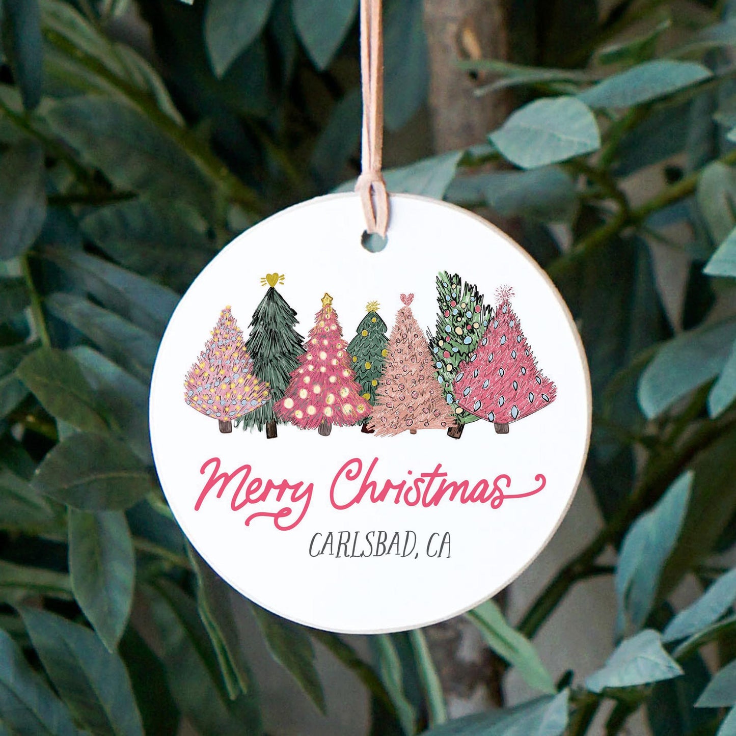 4" Round Ornament-Pink Trees Carlsbad California