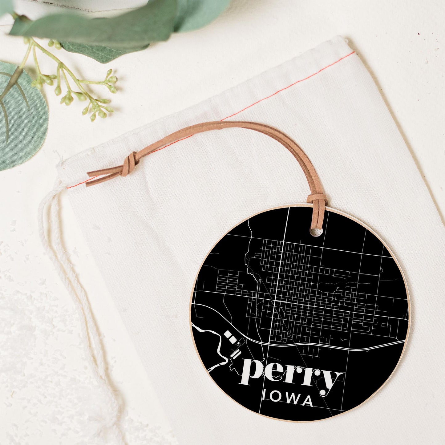 4" Round Ornament-Black & White Dark Map Perry Iowa