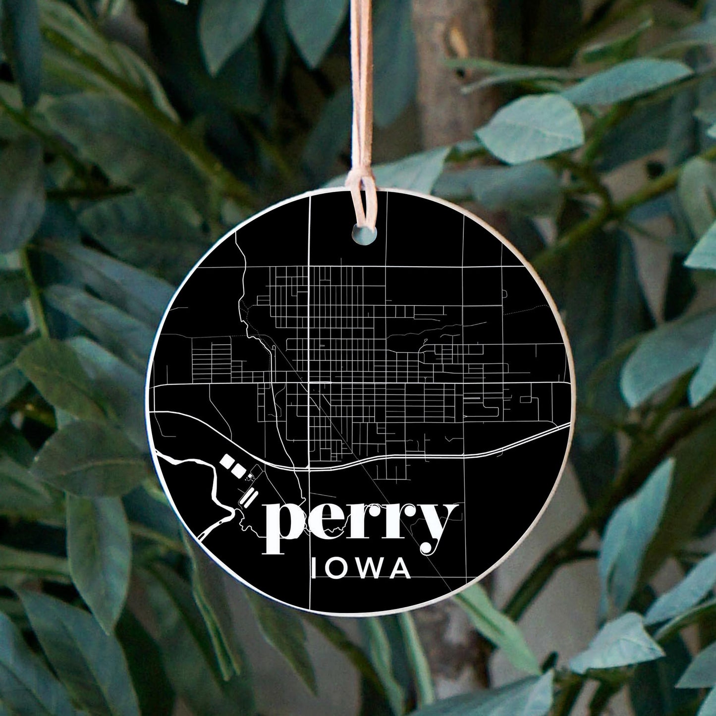 4" Round Ornament-Black & White Dark Map Perry Iowa