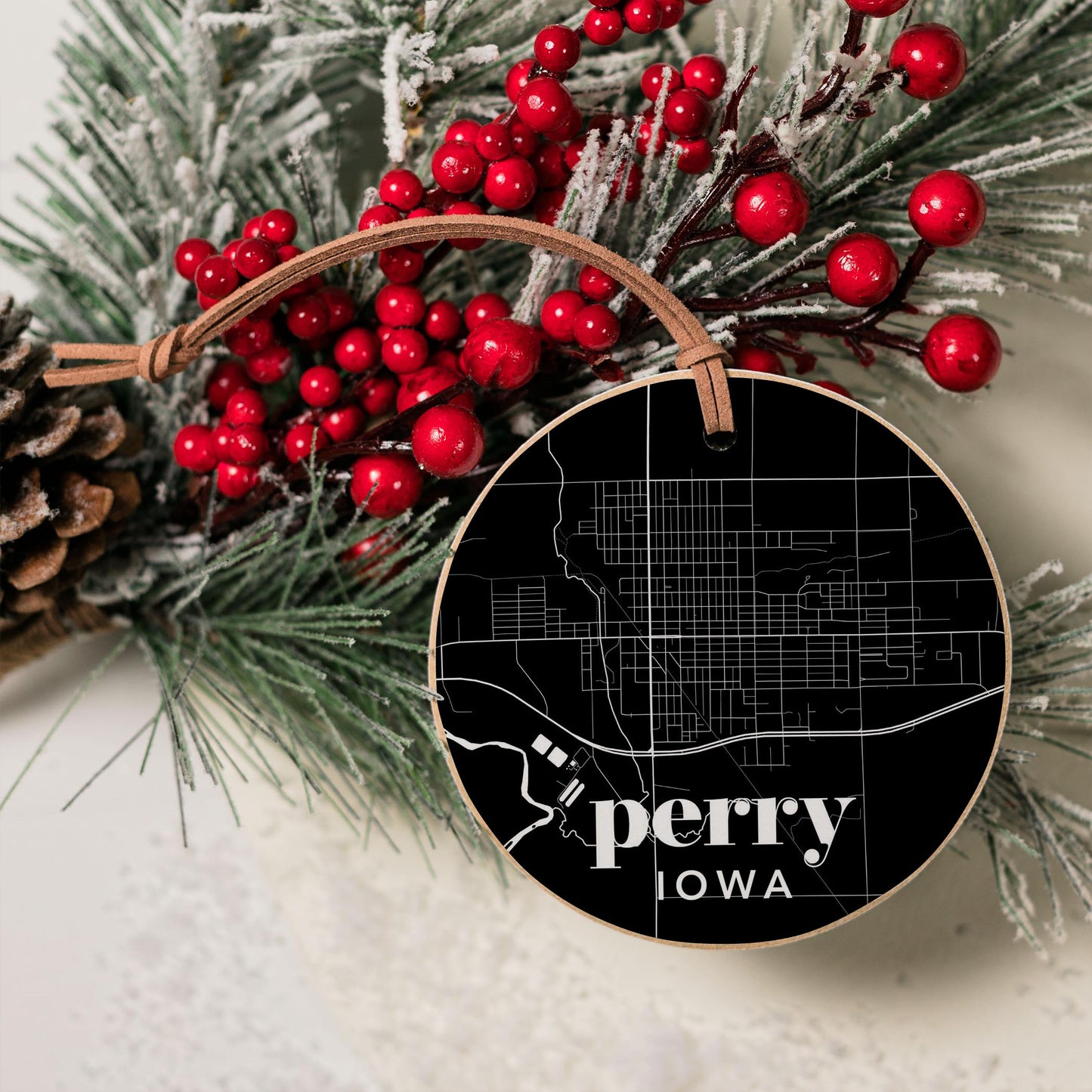 4" Round Ornament-Black & White Dark Map Perry Iowa