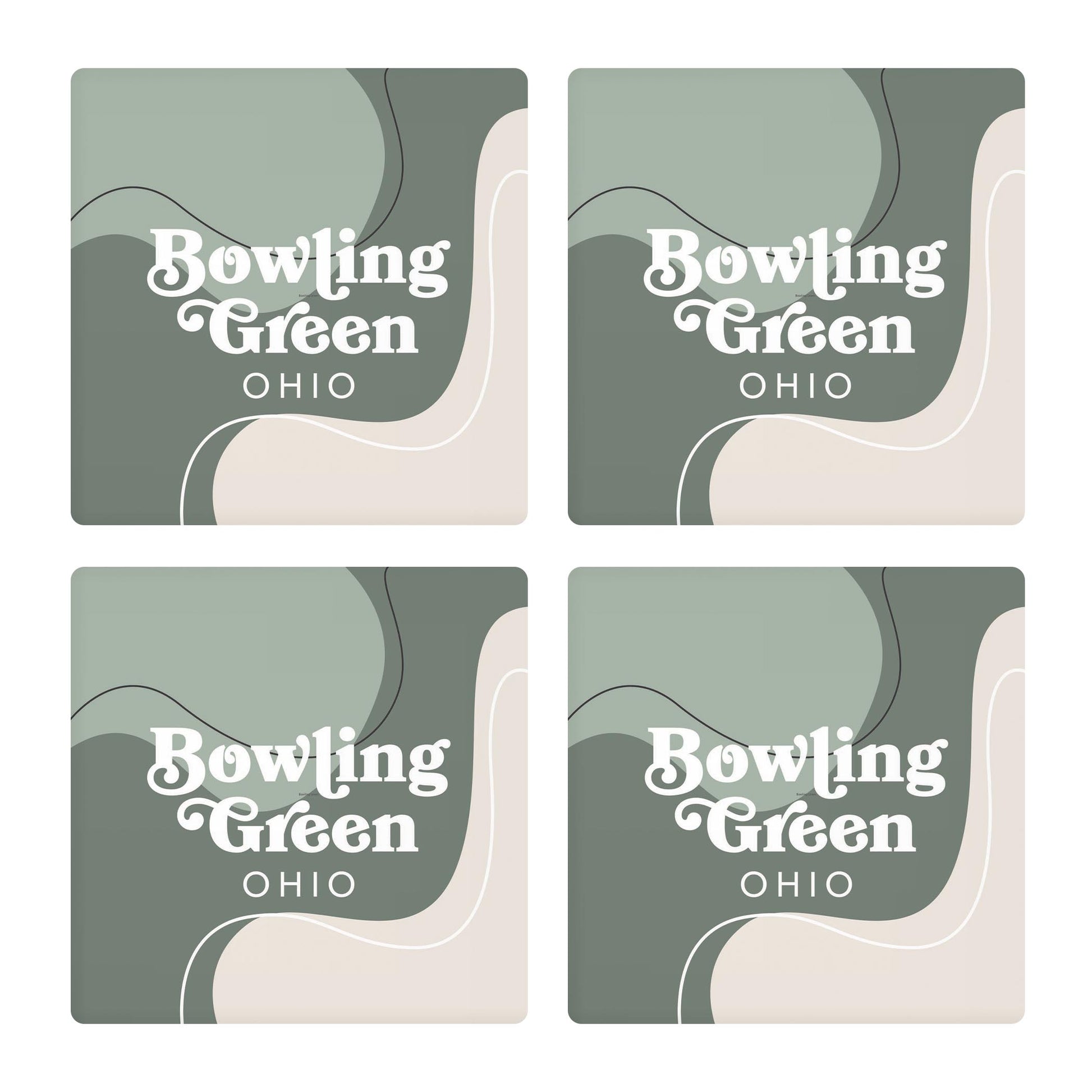 Ceramic Square Coaster 4-Set-Vintage Groove Green Fluid Lines Bowling Green Ohio -0