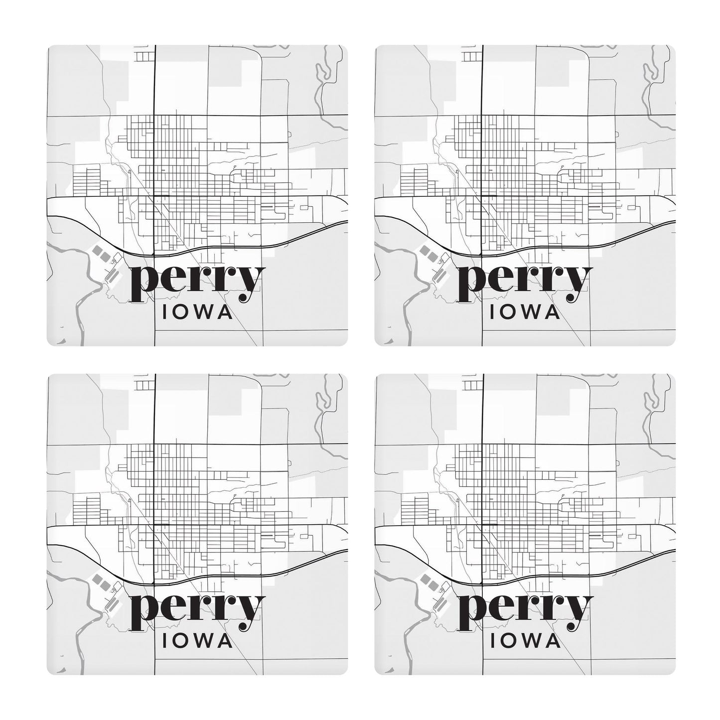 Ceramic Square Coaster 4-Set-Black & White Light Map Perry Iowa