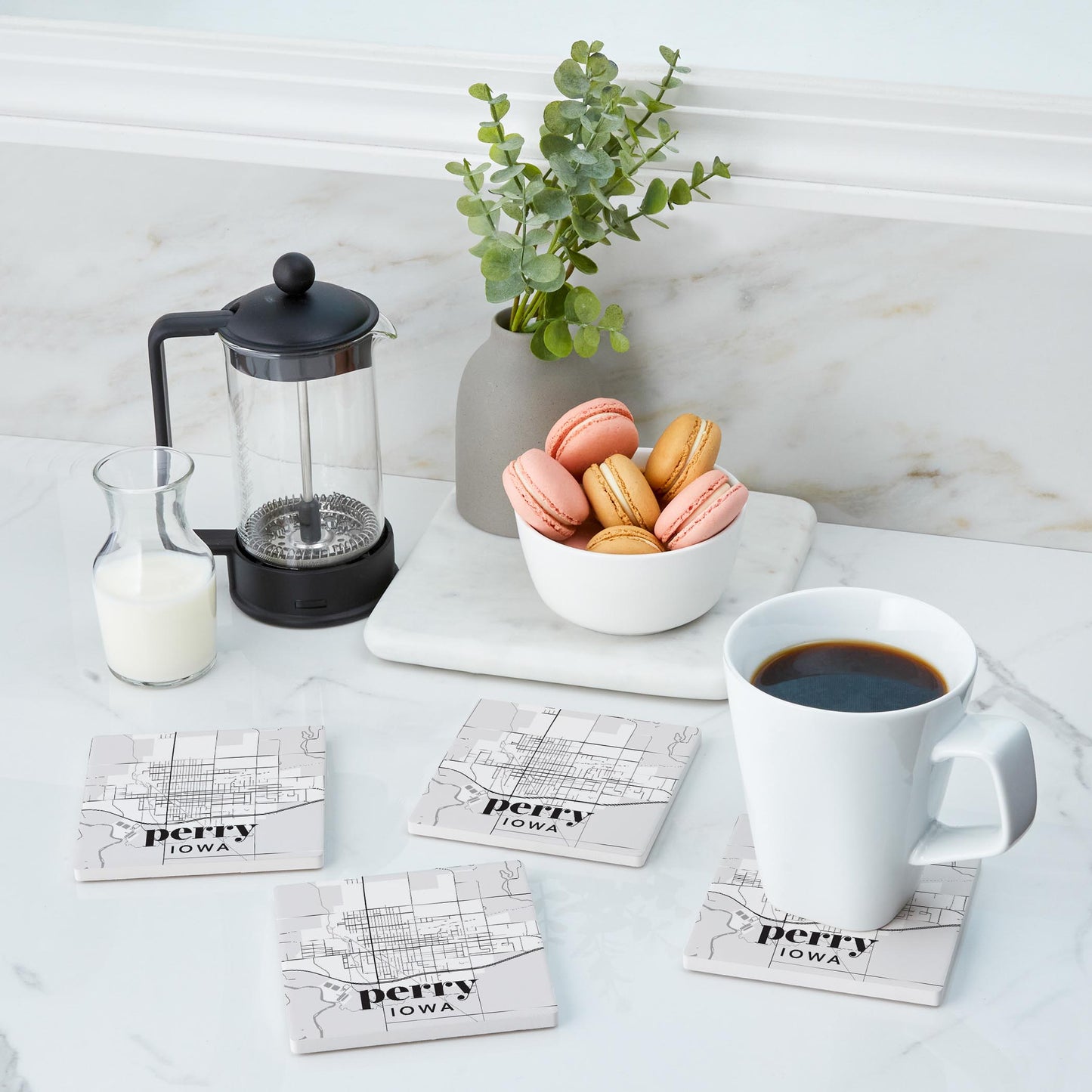 Ceramic Square Coaster 4-Set-Black & White Light Map Perry Iowa