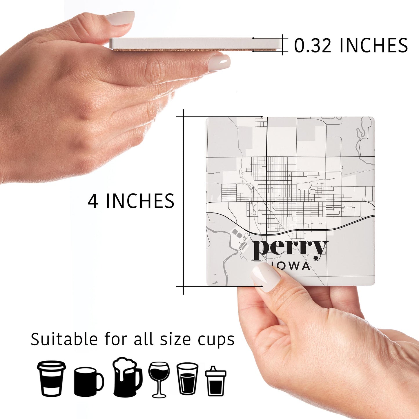 Ceramic Square Coaster 4-Set-Black & White Light Map Perry Iowa