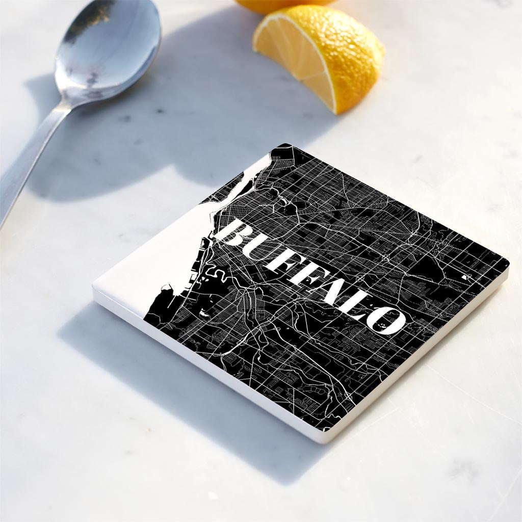 Ceramic Square Coaster-Minimalistic B&W Map Buffalo New York -3