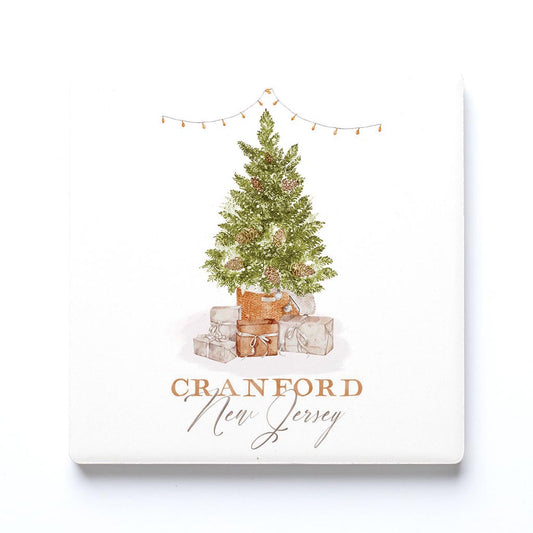 Ceramic Square Coaster-Christmas Cottage Tree Cranford New Jersey